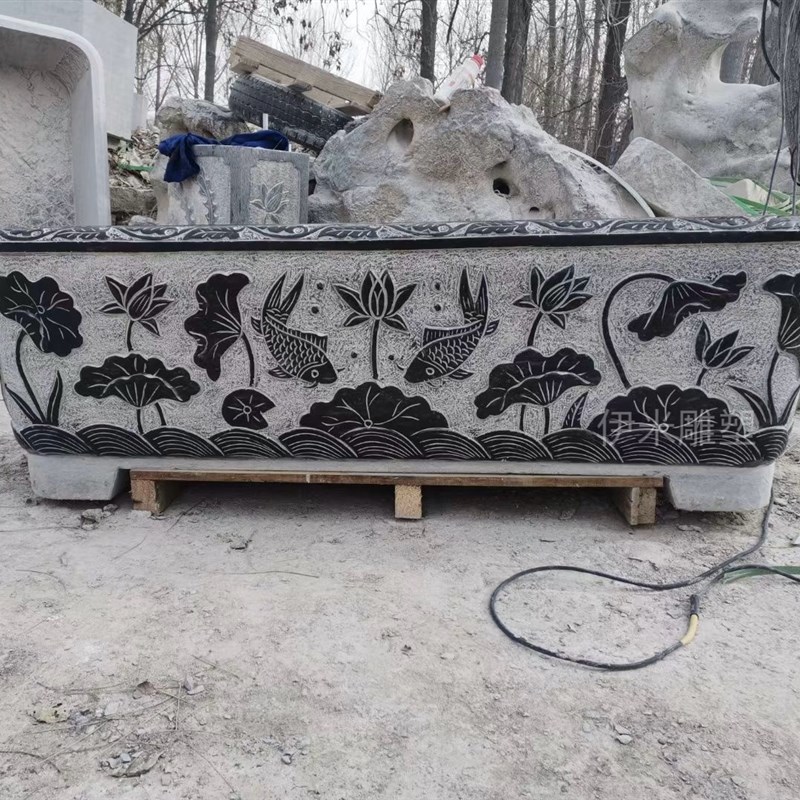 石雕鱼缸花盆青石荷花缸庭院长方形水槽石材养鱼缸造景洗手鱼池