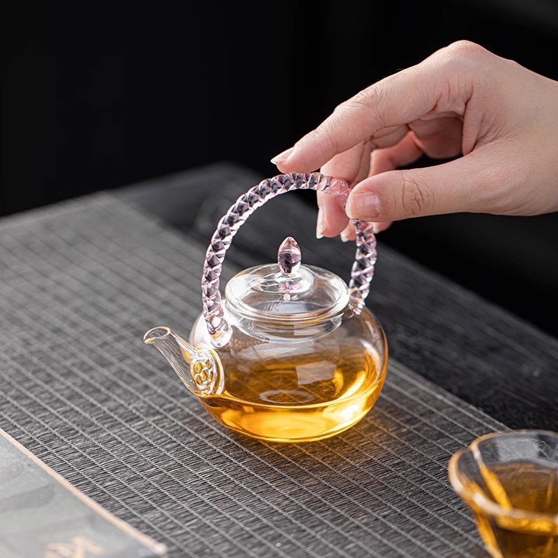 玻璃提梁壶耐热加厚螺旋提梁手把高硼硅玻璃烧水壶煮茶壶泡茶小壶