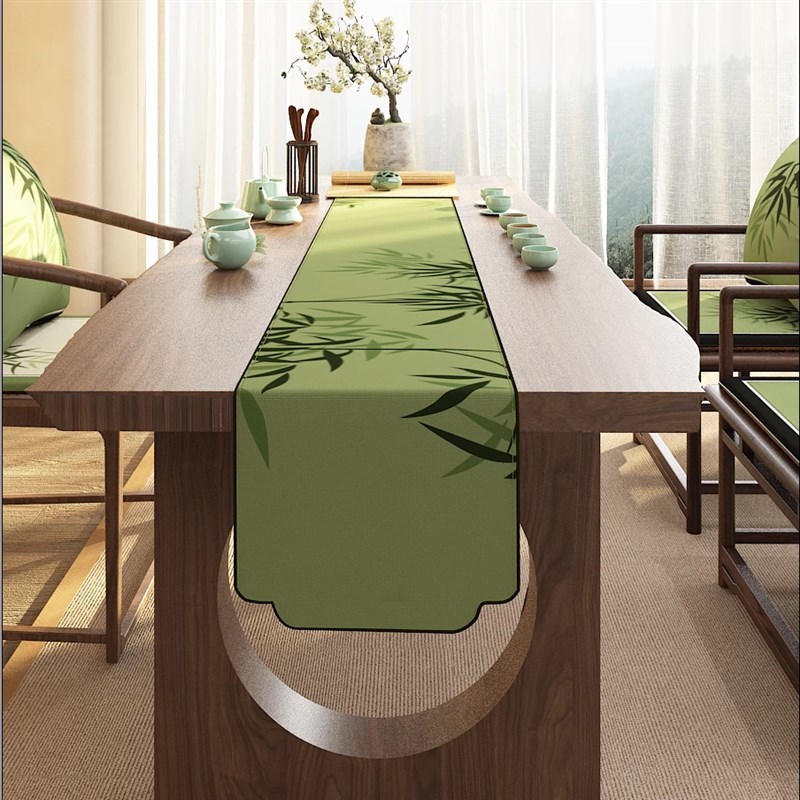 桌旗宋式美学竹韵绿色新中式亚麻餐桌茶桌布茶几茶台布茶席茶桌布