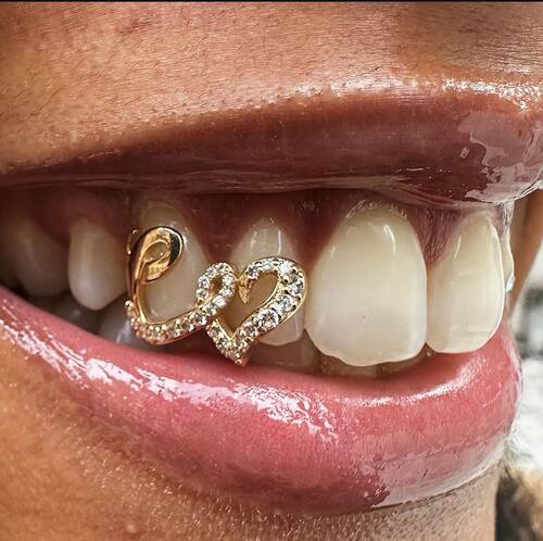 欧美双爱心铜微镶锆石嘻哈牙套teeth grills牙齿装饰个性潮流牙饰