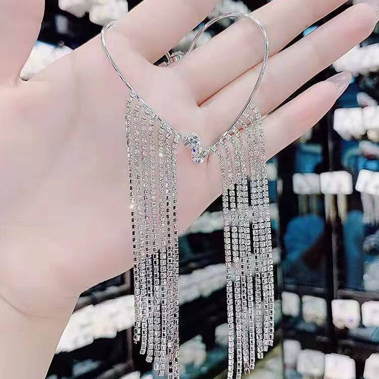 新款欧美镶钻长款链条流苏耳挂耳夹单只ins冷淡风无耳洞耳骨夹耳