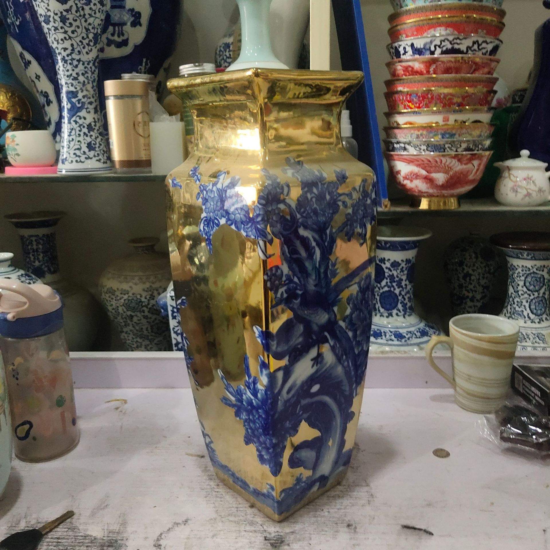 景德镇陶瓷仿古花瓶青花镀金花草赏瓶中式纯手绘精品瓷器制定收藏