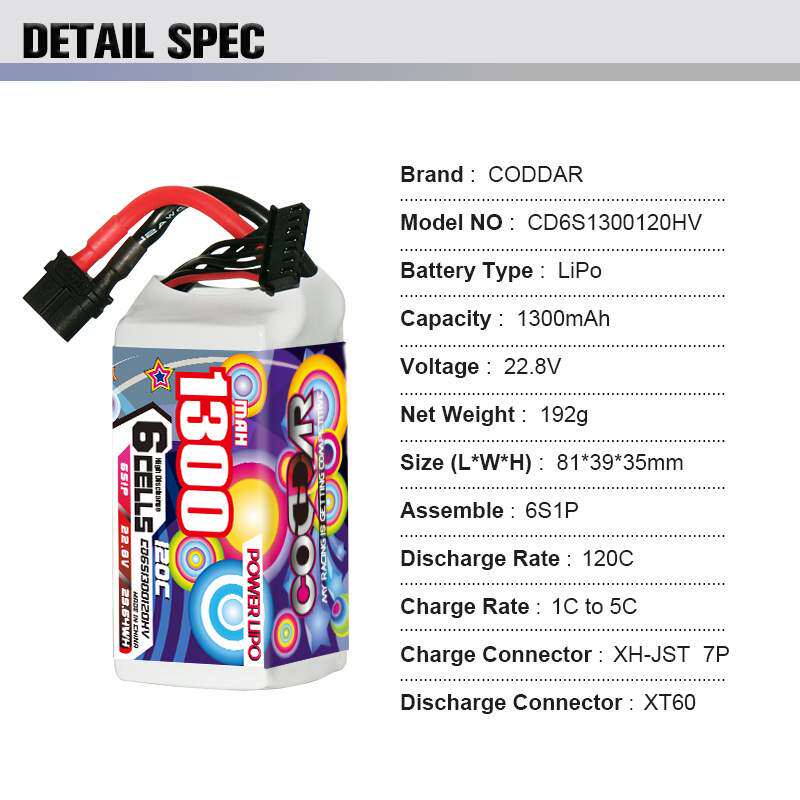 鹰氪CODDAR 1300MAH 6S 22.8V 120C轻量化五寸航模穿越机高压电池