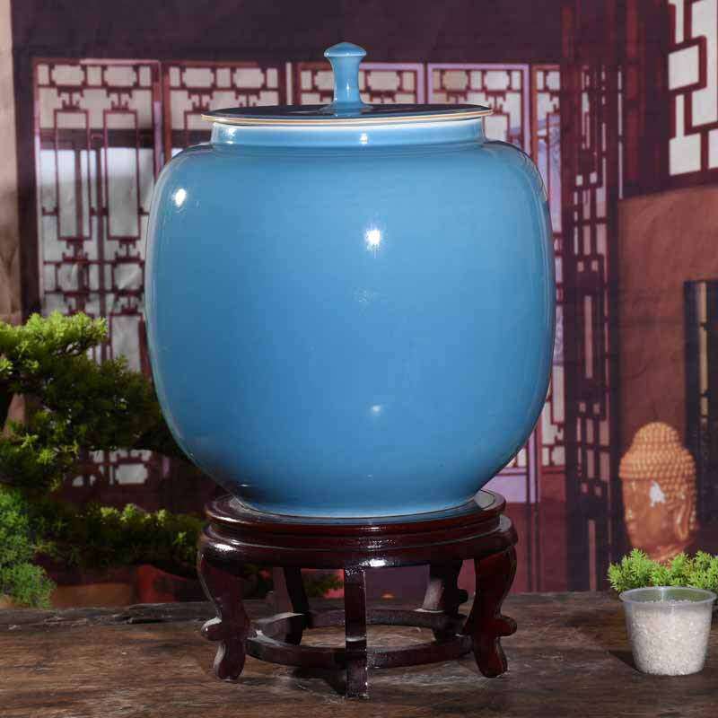 景德镇陶瓷米缸水桶窑变蓝色釉20斤油缸油桶家用带盖防潮防虫米缸
