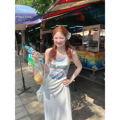 火火火【贯穿入夏】韩版休闲印花背心吊带洋装女显瘦中长版裙子