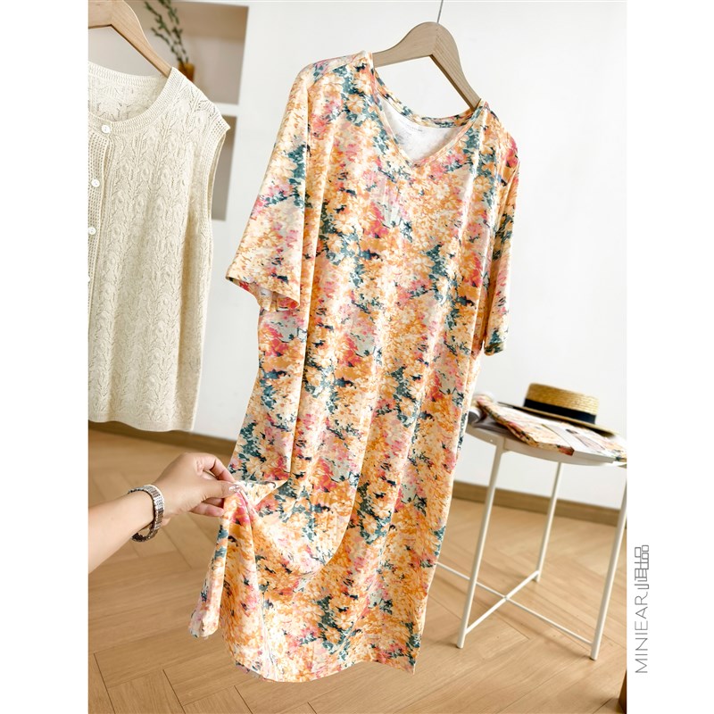 小耳出品V领宽松印花睡裙短袖夏套头H居家服饰慵懒舒适连衣裙睡衣