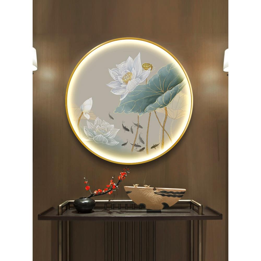 圆形新中式九鱼荷花LED灯带晶瓷装饰画客厅玄关入户背景墙挂画图片