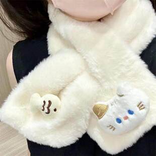 新款可爱猫咪爱吃鱼毛绒围巾ins风小众秋冬款保暖学生交叉围巾