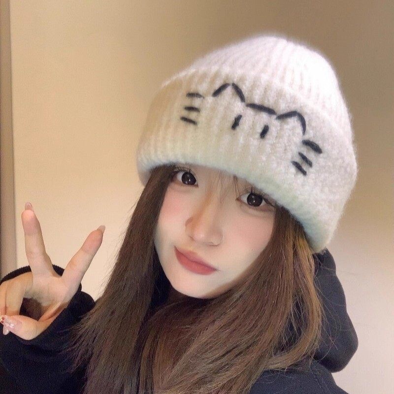 新款可爱小猫毛线帽子女秋冬新款显脸小冷帽保暖护耳防寒针织帽男