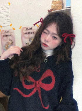 红色蝴蝶结发夹女秋冬甜美侧边刘海夹子圣诞跨年拍照头饰新年发饰