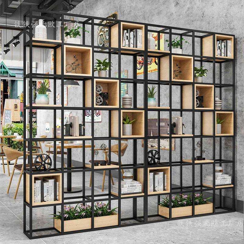 美式铁艺落地屏风隔断客厅架子实木书架现代简约展示架隔板置物架