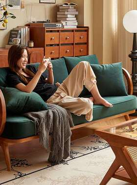 #法式中古风复古实木藤编墨绿色布艺沙发直排三人位客厅家用小户