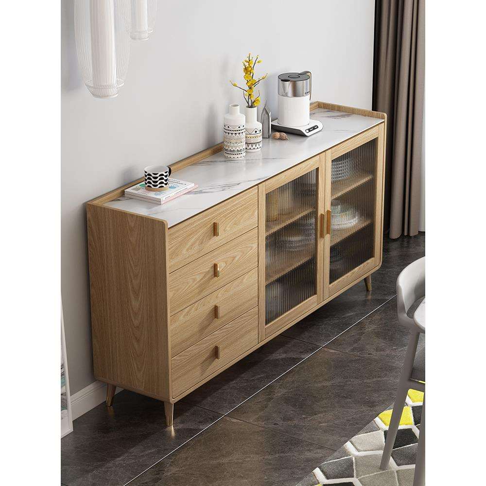 现代简约原木餐边柜酒柜家用碗柜储物柜置物架一体靠墙北欧茶水柜