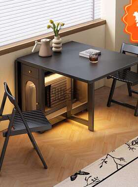 ir黑色复古全实木折叠餐桌家用现代轻奢长方形可伸缩隐形小户型