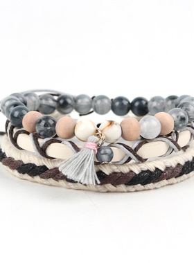 新款复古风叠戴手链亚马逊热卖原创手工编织多层套装手链