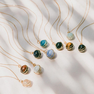 欧美跨境货源天然水晶红玛瑙不锈钢项链海蓝宝珠子绕丝吊坠饰品