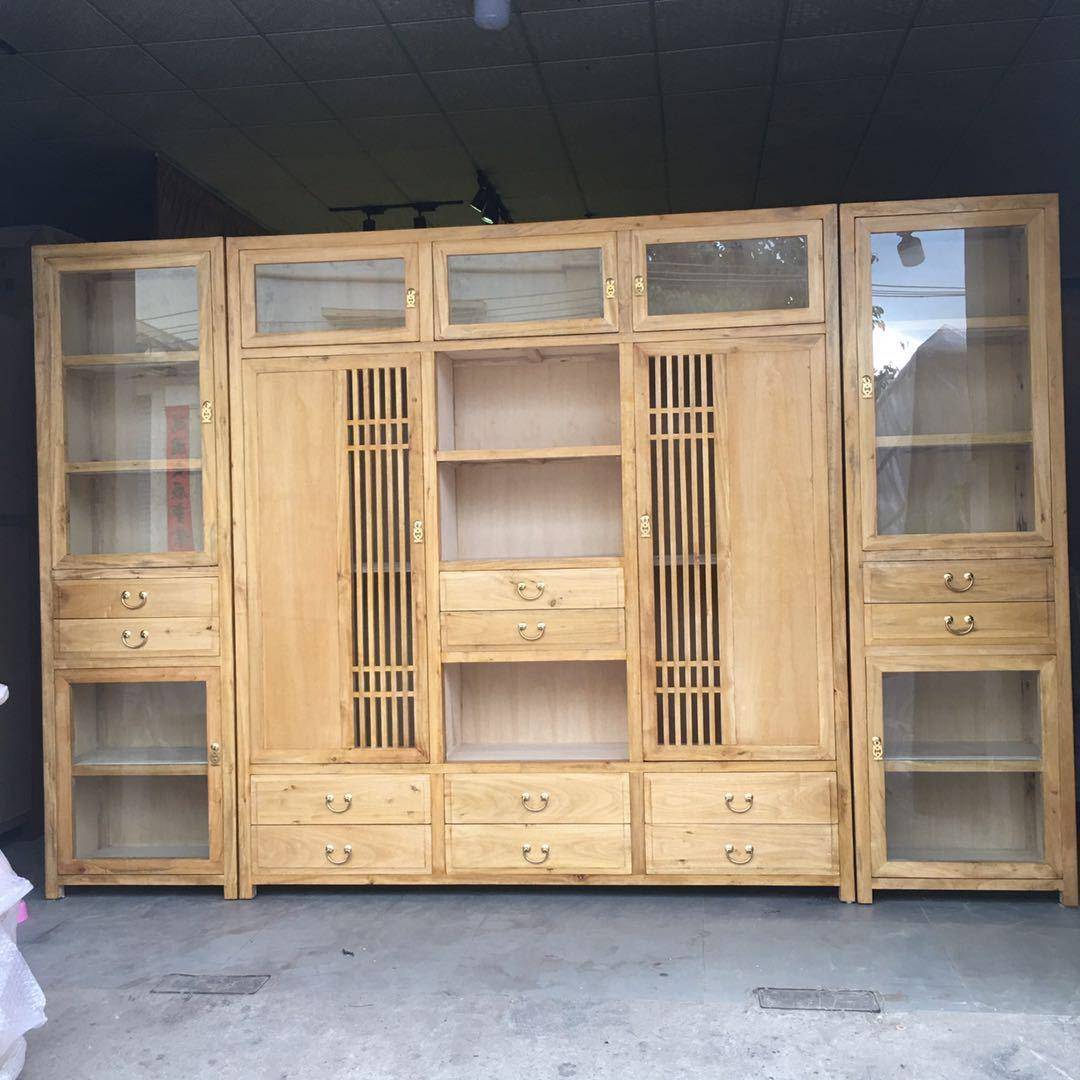 新中式实木书柜组合玻璃门香樟木书架多功能墙壁博古架收纳展示柜