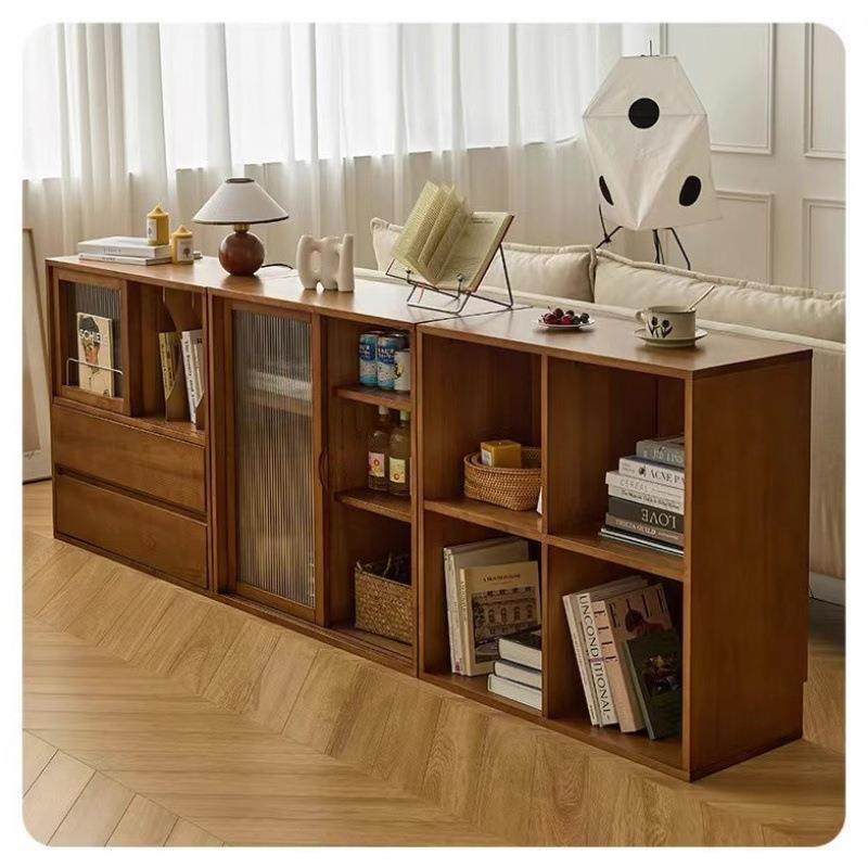 实木组合书柜推拉门收纳柜中古色电视柜日式小户型落地柜客厅边柜