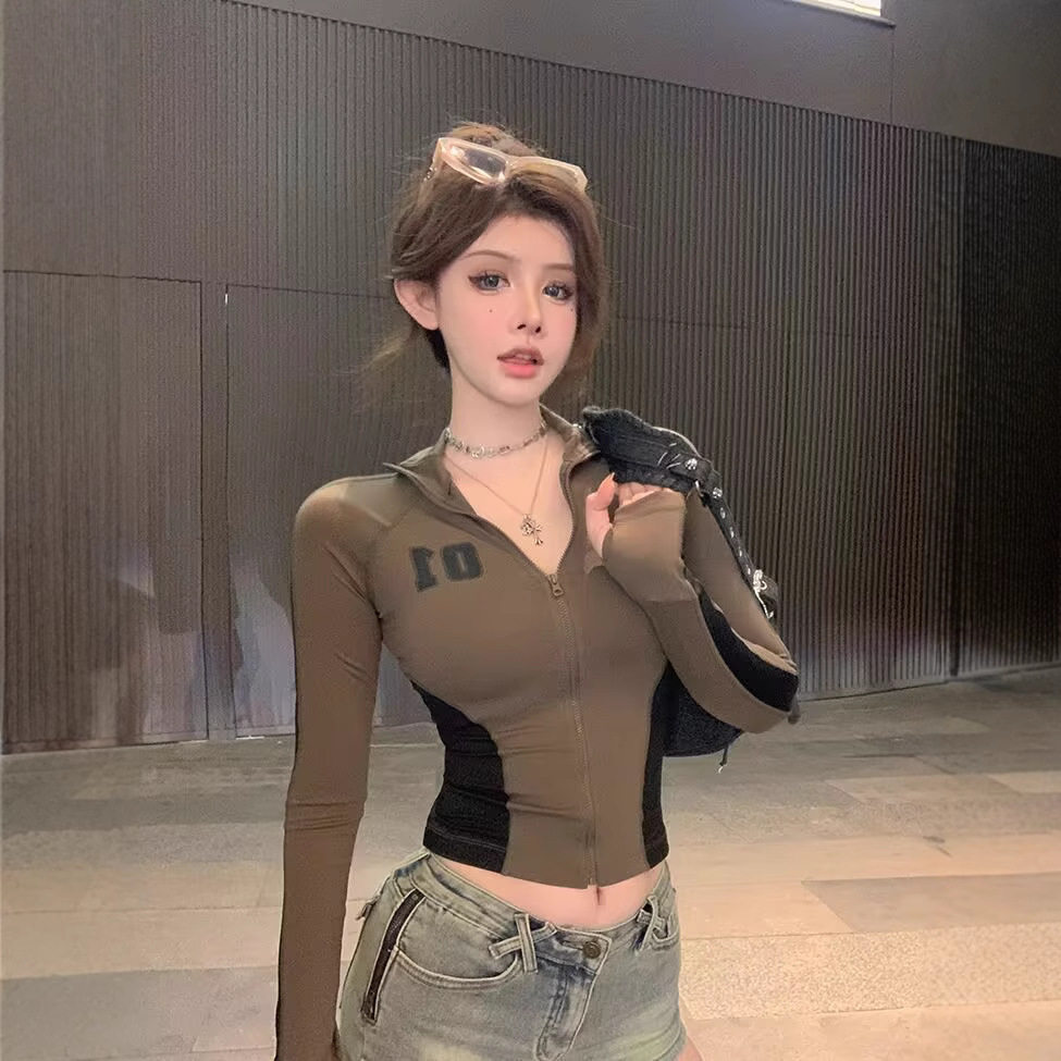 美式复古拼接撞色长袖立领T恤女早秋修身辣妹开衫短款上衣打底衫