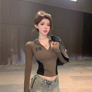 美式复古拼接撞色长袖立领T恤女早秋修身辣妹开衫短款上衣打底衫