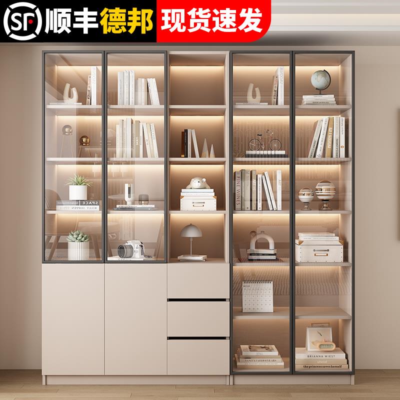 实木书柜家用带玻璃门客厅一体整墙现代储物柜轻奢书架展示柜定制