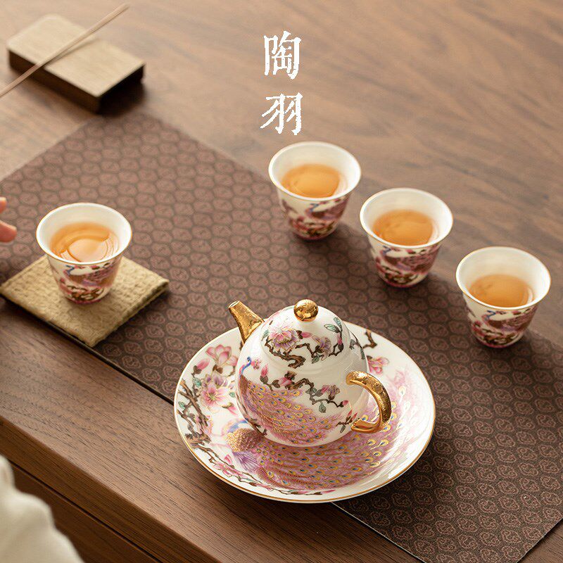 羊脂玉掐丝银孔雀一壶四杯功夫茶具套装家用陶瓷泡茶壶茶杯礼盒装