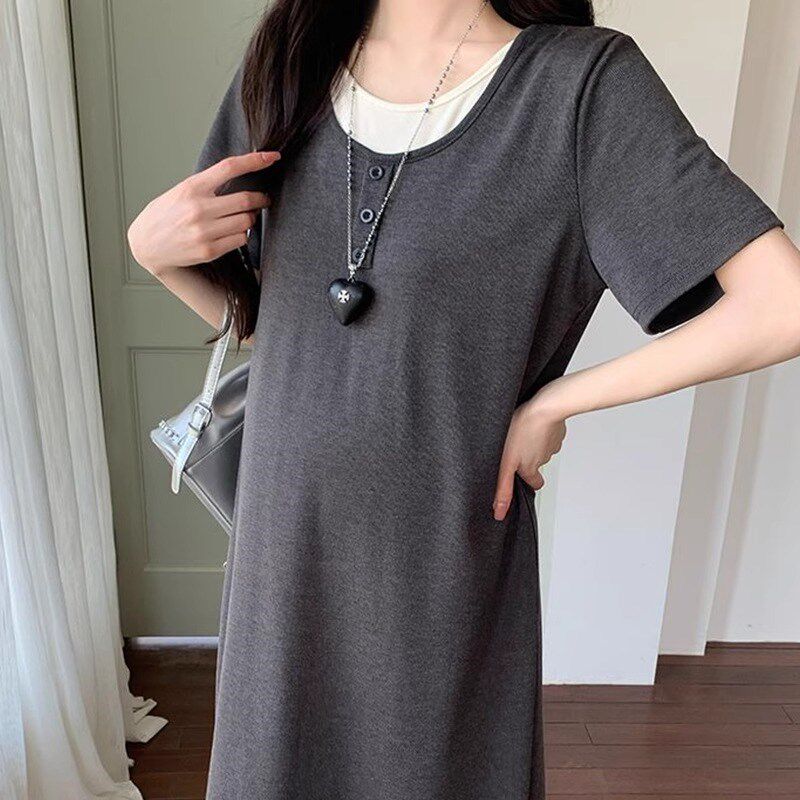 孕妇连衣裙夏装高级感2025新款短袖孕期洋气冰丝假两件夏季裙子女