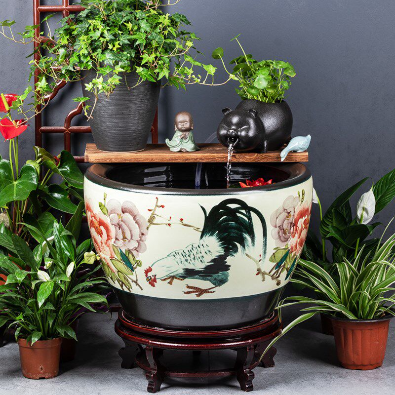 景德镇陶瓷锦鲤金鱼缸大号庭院门海大型睡莲荷花缸造景循环流水缸