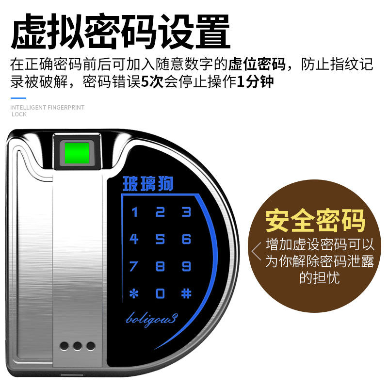 玻璃狗3代办公室玻璃门指纹锁密码锁免开孔智能锁单双门禁锁双开