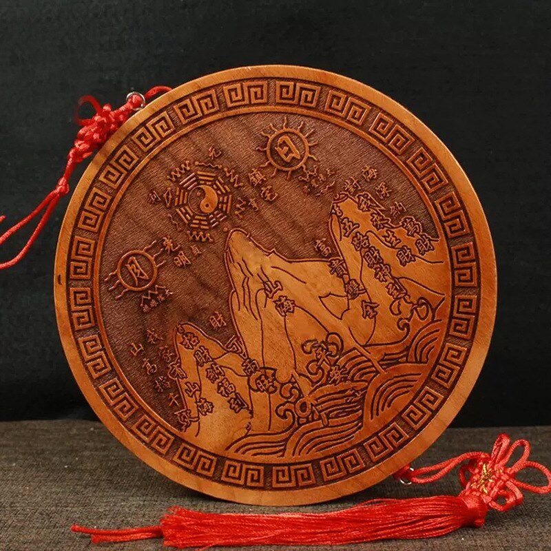 木雕桃木山海镇摆件家居装饰正宗桃木八卦镜挂件中国结室内外挂饰