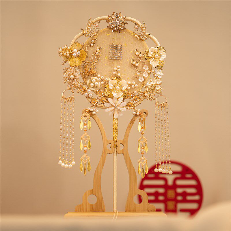 香槟色新娘团扇diy材料包重工手捧蒲扇中式秀禾喜扇晨袍扇送闺蜜