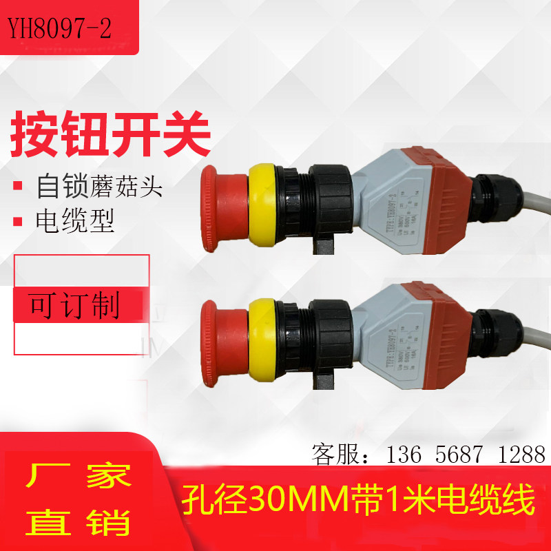 YH8097-2电缆型防爆急停按钮 自锁型带1米电缆线防爆按钮开关30MM