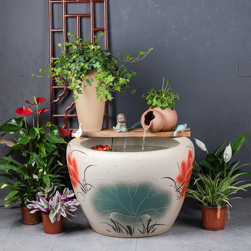 大型陶瓷流水鱼缸睡莲荷花缸陶罐水循环造景古法鱼缸客厅阳台水缸
