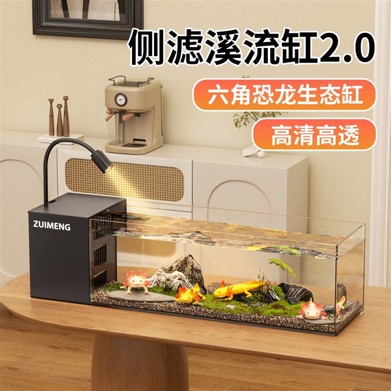 六角恐龙鱼专用缸增氧过滤一体侧滤溪流鱼缸长方形带盖蝾螈饲养盒
