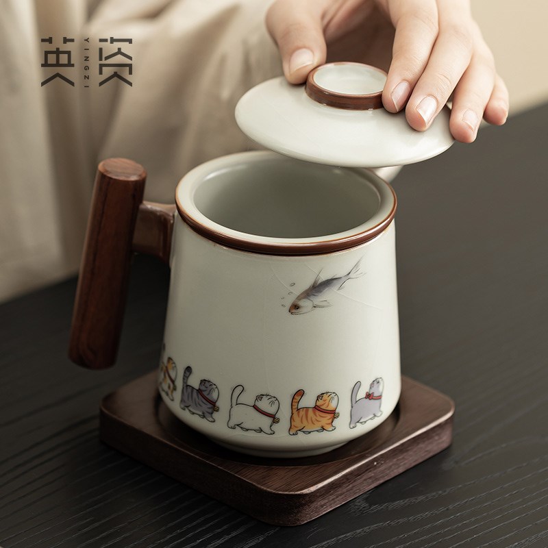 排队猫汝窑泡茶杯陶瓷过滤内胆茶杯办公茶水分离杯子个人茶具水杯