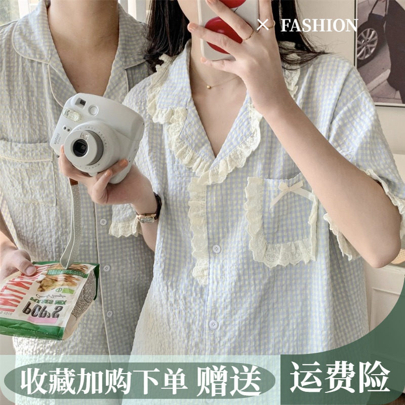 夏天情侣装格子睡衣女款春秋季短袖短裤男士两件套套装家居服夏季