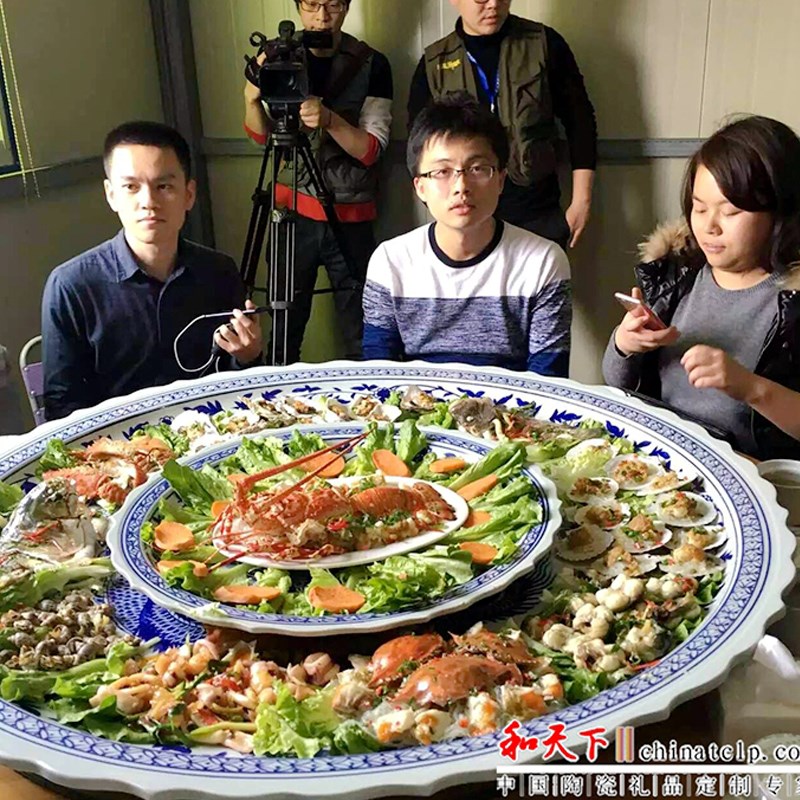 青花瓷超大海鲜圆盘 一米大盘子中式陶瓷盘 龙凤图案特大菜盆