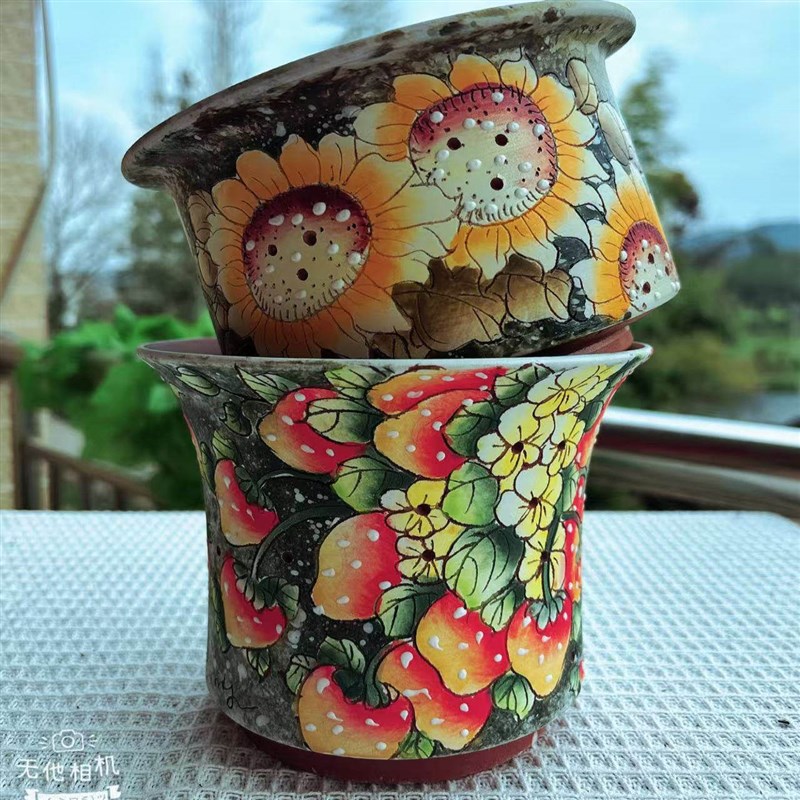 景德镇手刻手绘画透气吸水花卉陶瓷大口经红陶泥多肉植物花盆