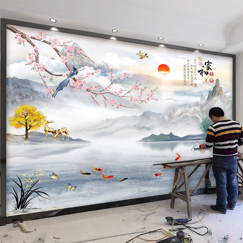 电视背景墙壁纸贴画客厅中式山水装饰自粘2024新款影视墙布8D立体