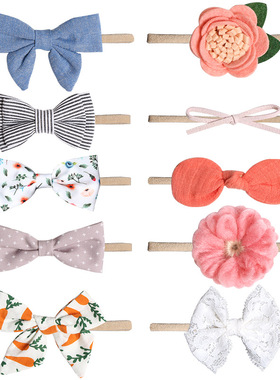 80915婴儿印花蝴蝶结发带 10件儿童发饰套装 仿真花尼龙小发带