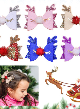 20913圣诞鹿角发夹 儿童蝴蝶结发夹 亮粉格利特圣诞节装饰边夹