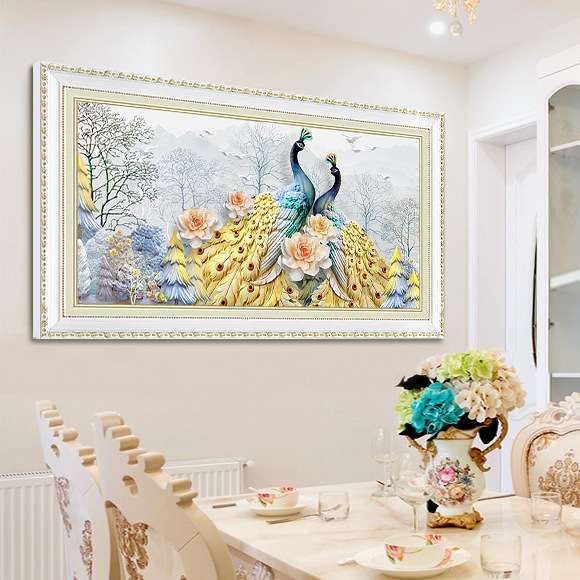 欧式餐厅装饰画壁画餐桌背景画墙画孔雀单幅挂画简欧卧室画床头画图片