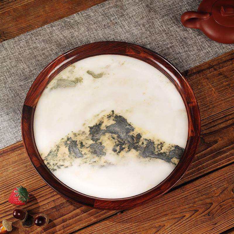 大红酸枝嵌云石圆形水果盘茶托盘交趾黄檀干泡茶盘甜点早餐盘底座