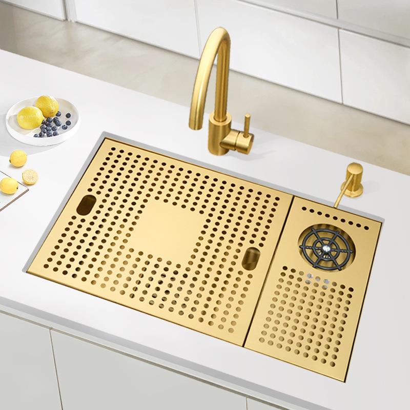 西厨中岛台水吧台小水槽金色高压洗杯器隐形带盖板304不锈钢单槽