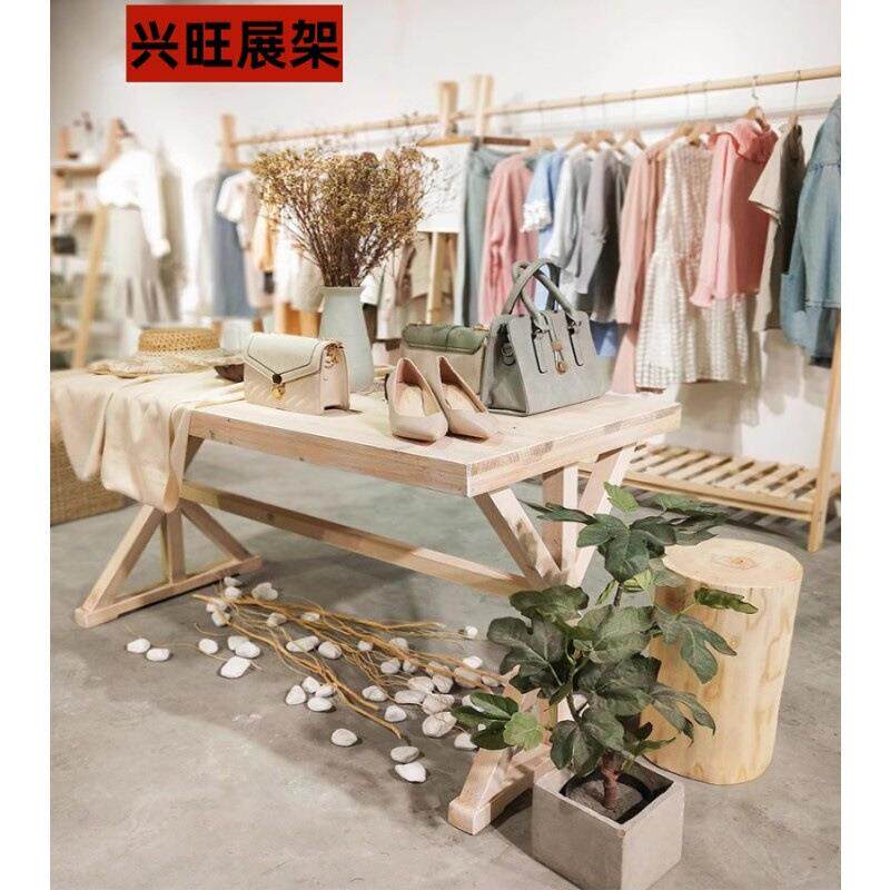 服装店展示架中岛架橱窗实木落地高低流水台展示台复古展示桌地台