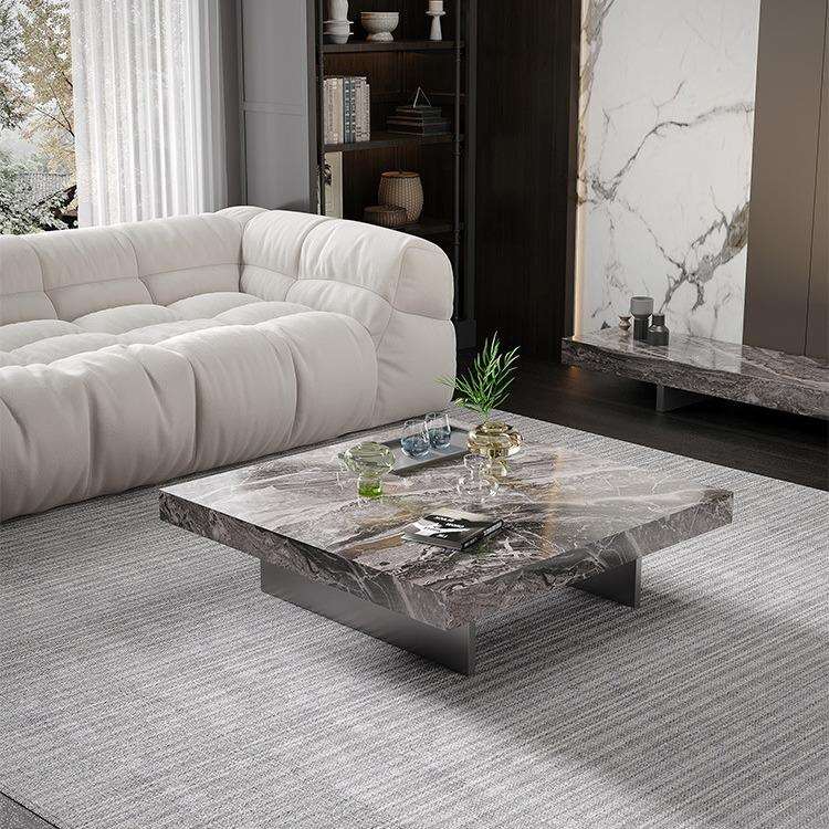 极简威尼斯棕岩板茶几别墅设计师极简客厅售楼部简约长方岩板桌