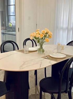 fLE现代简约黑色椭圆形饭桌家用小户型餐厅轻奢网红款奶油风岩板