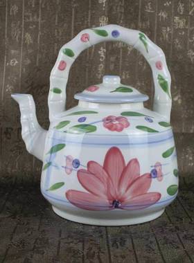 景德镇陶瓷器粉彩手绘荷花提梁水壶竹节大号水壶家居装饰摆件