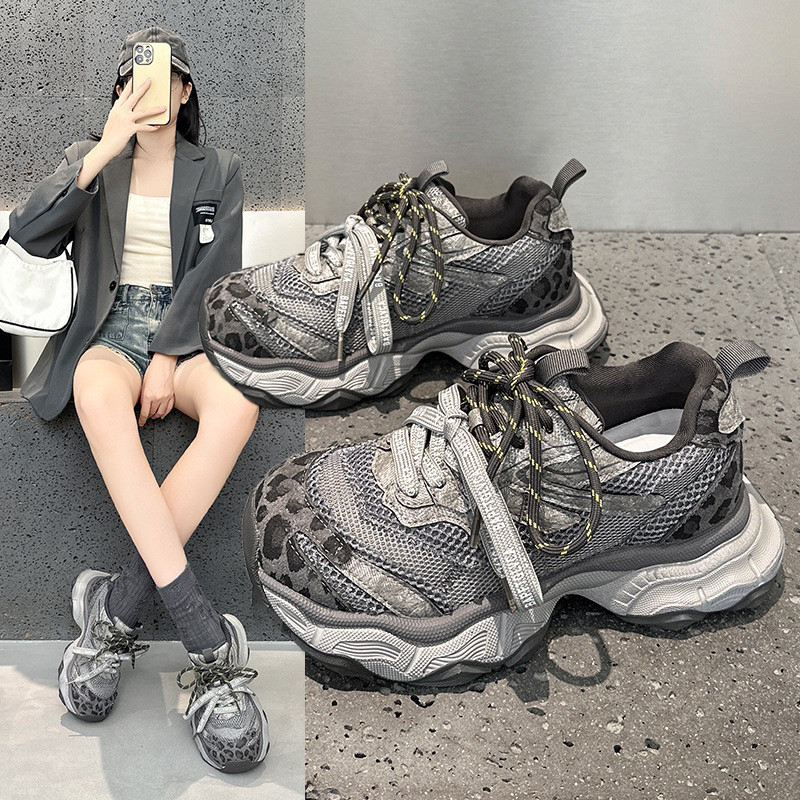 豹纹厚底老爹鞋女2026春秋季新款网层布面潮流轻便百搭运动休闲鞋