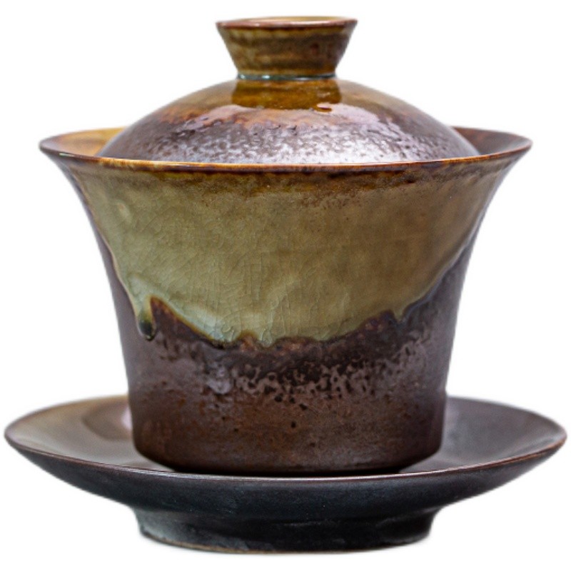 仿古柴烧三才盖碗茶杯粗陶功夫茶具泡茶碗复古陶瓷家用大号不烫手